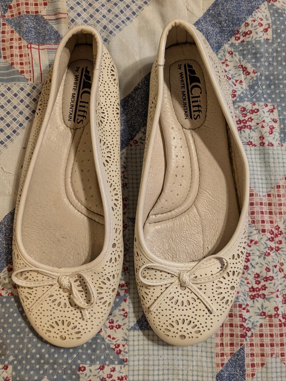 Cliffs by WHITE MOUNTAIN Cream Laser-Cut Ballet Flats with Bow
